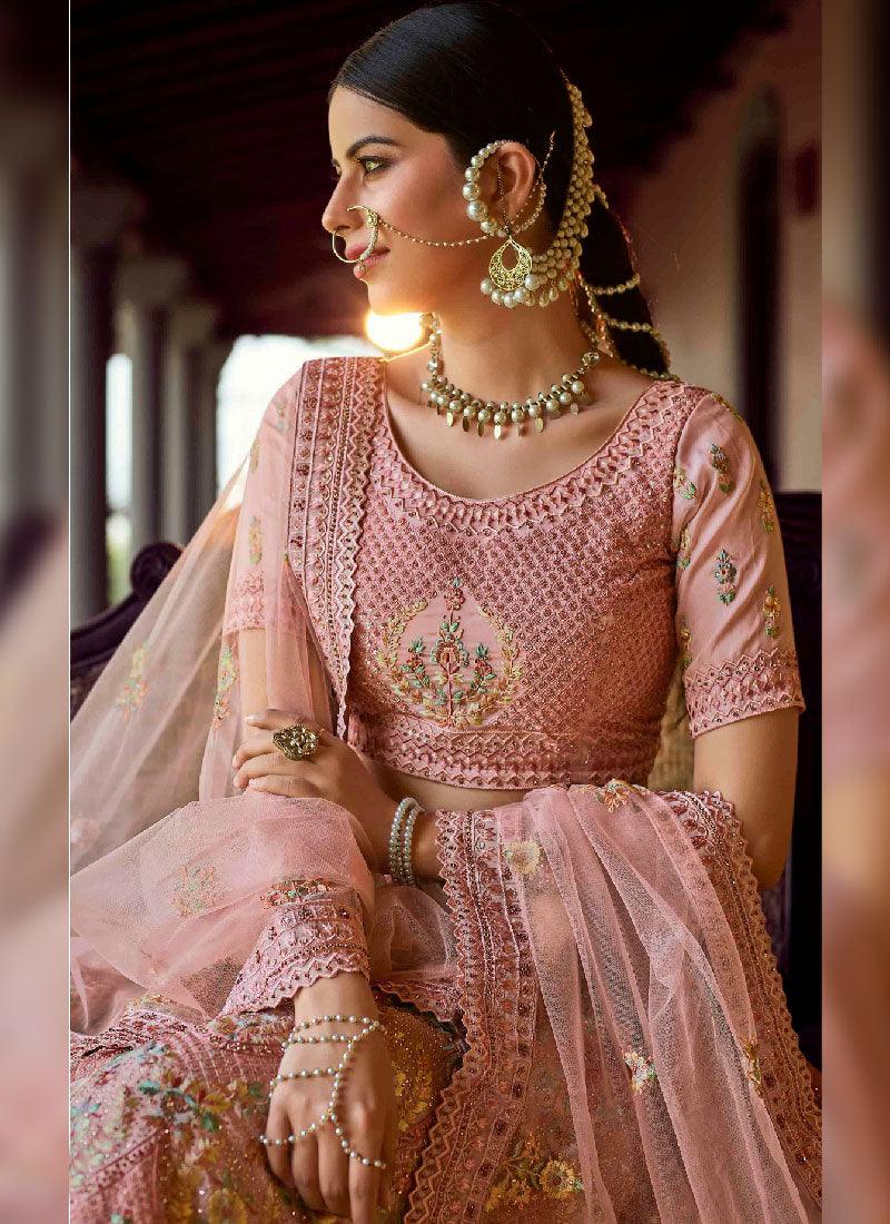 Elegant Look Peach Color Georgette Base Heavy Work Bridal Lehenga Choli Visit Online