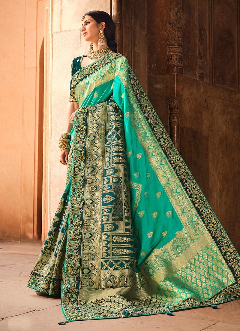 Turquoise Blue Color Silk Fabric Silk Weave And Zari Work Embroidered Saree Cheap Online Store Manchester