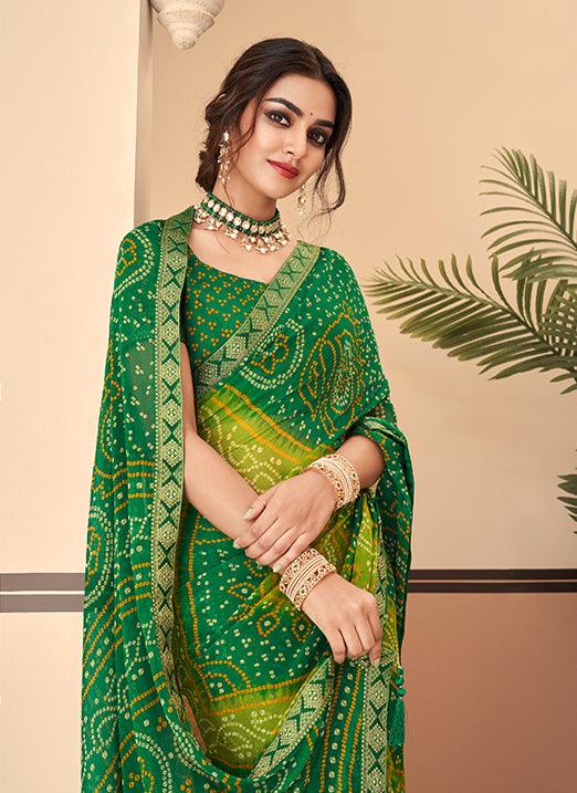 Graceful Green & Parrot Bandhani Chiffon Saree Shop Offer