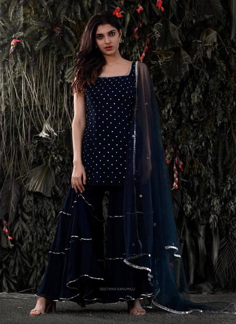 Gorgeous Navy Blue Georgette Sharara Salwar Suit Outlet Popular