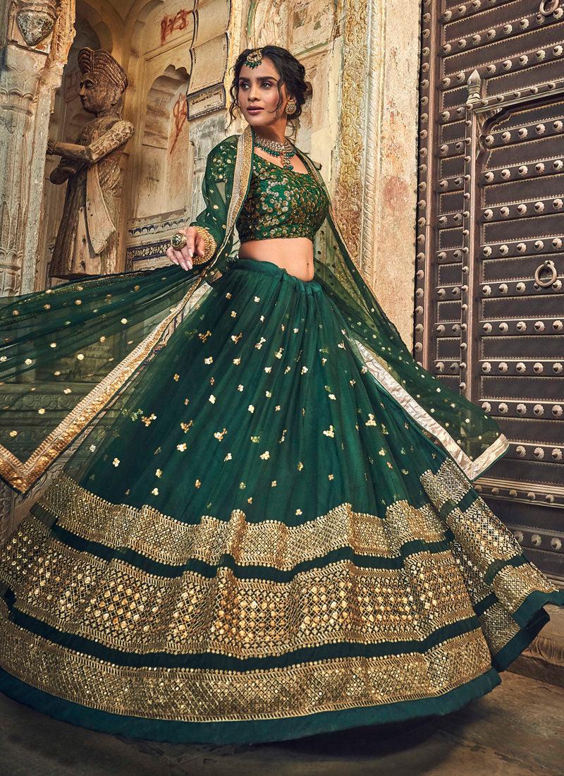 Green Soft Net Zari Work Sangeet Flared Lehenga Choli Sale Great Deals