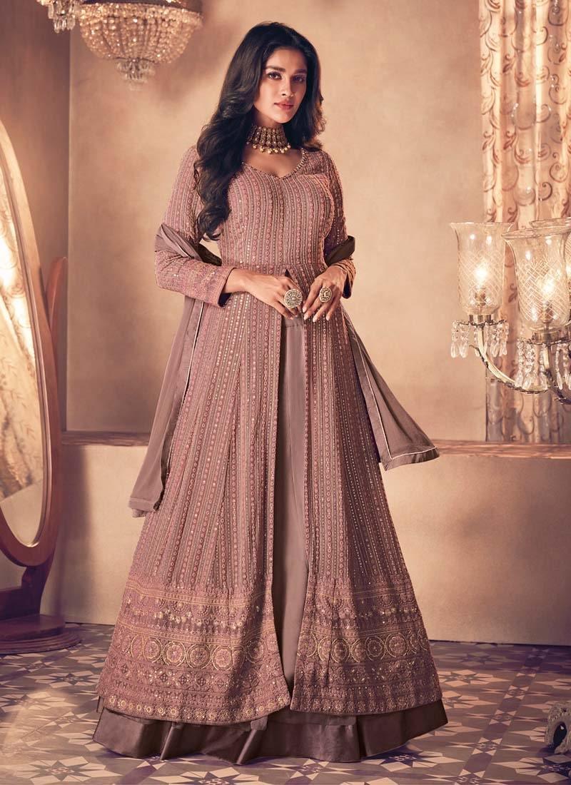 Mauve Pink Color Sequins Work Georgette Base Slit-Cut Pakistani Suit Outlet New