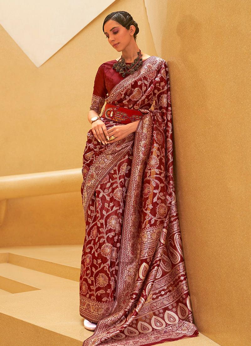 Lucknowi Weaving Style Maroon Silk Saree Free Shipping Cheap Pice