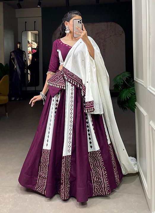 Wine Mirror Work & Bandhani Work Navratri Lehenga Choli Cheap Sale Enjoy