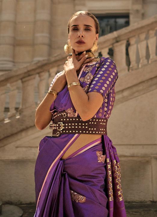 Purple Pure Satin Handloom Weaved Saree from Paris Edition Cheap Sale Huge Surprise