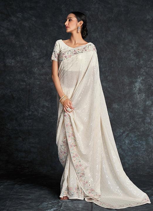 White Color Heavy Embroidery Work Saree Sale Cost