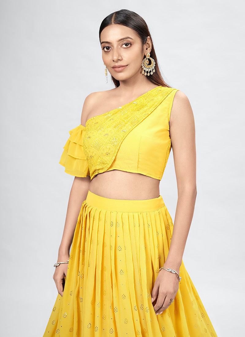 One Shoulder Yellow Designer Chaniya Choli Sale Discount