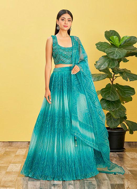 Turquoise Organza Lehenga Choli with Real Mirror & Zari Sequin Embroidery Perfect