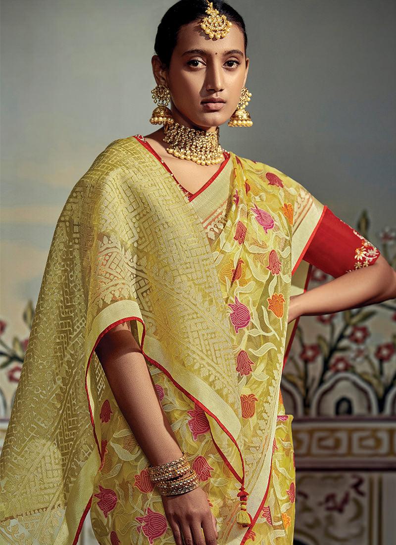 Thread Work Blouse With Yellow Brasso Saree Best Sale Cheap Online