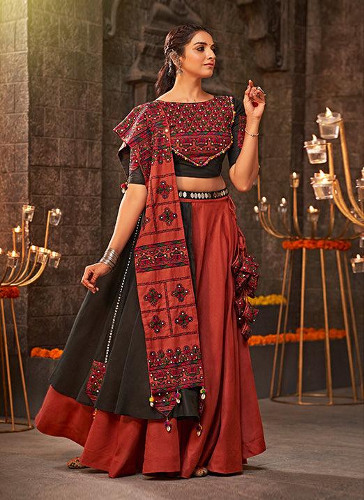 Gamthi Thread Embroidered Navratri Lehenga Choli in Orange & Black Clearance Footlocker Pictures