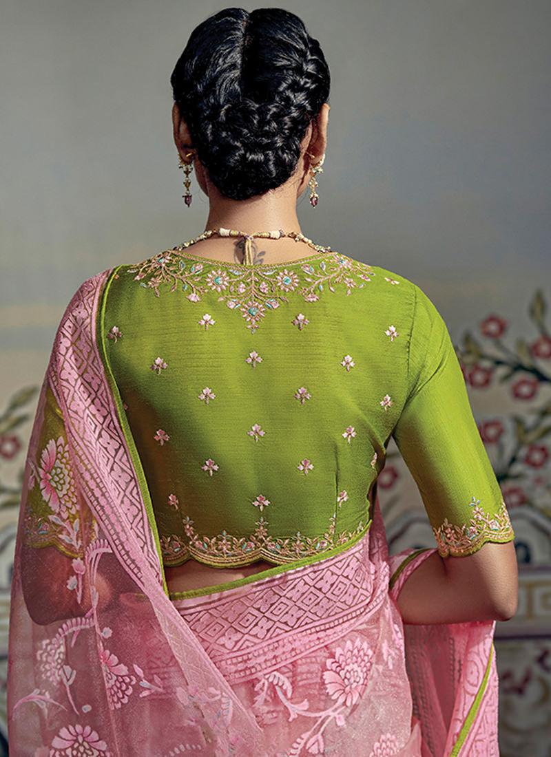 Thread Work Blouse With Pink Brasso Saree Fast Delivery For Sale