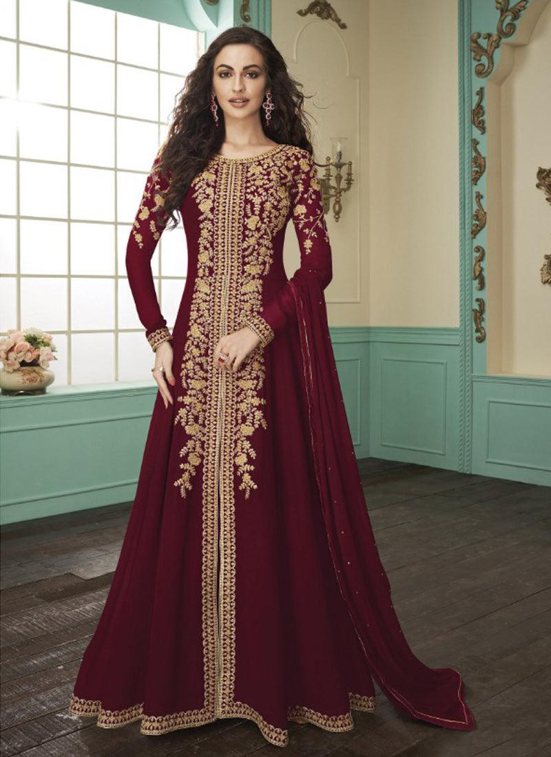 Maroon Stone and Zari work Georgette Slit Cut Suit Collections Online