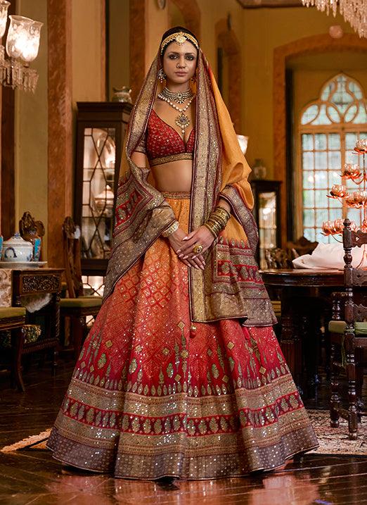 Affectionate Red & Yellow Bridal Lehenga Choli with Sparkle & Mirror Work in Smooth Rajwadi Silk Outlet Exclusive