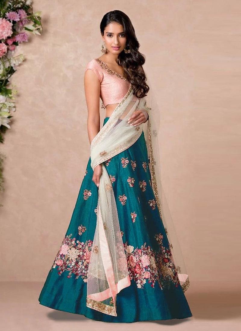 Teal Blue Lehenga Paired With Blush Pink Blouse With Dupatta Set Online Sale