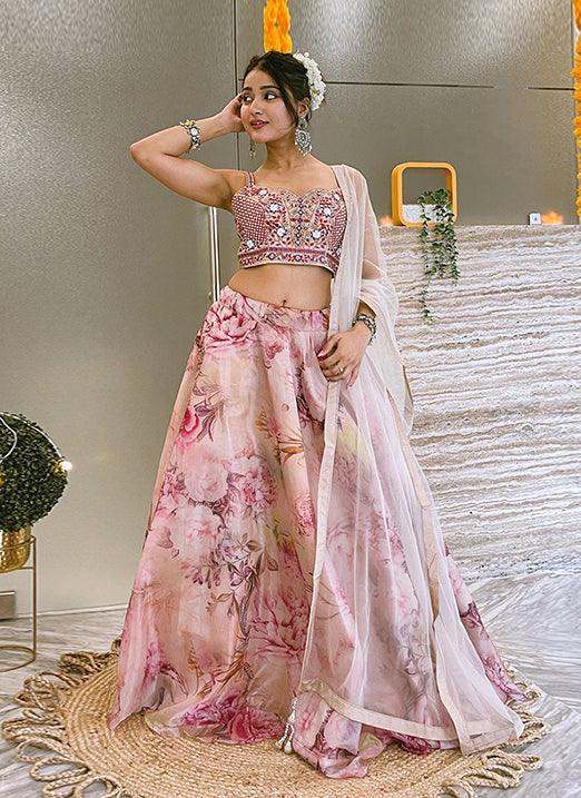 Ethnic Wear Beige Color Organza Material Printed Lehenga Choli Cheap Sale 2025 New