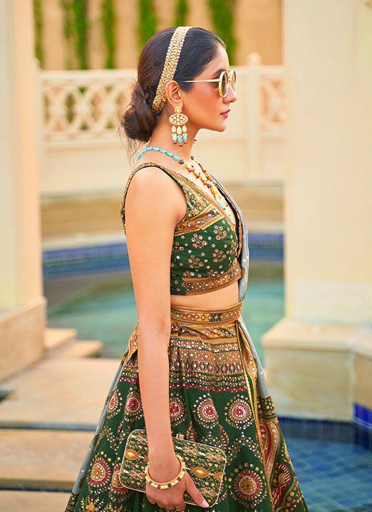 Rajwadi Silk Sparkle & Mirror Work Green Lehenga Choli Release Dates Cheap Online