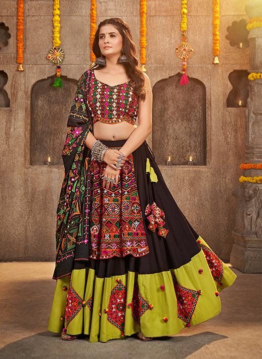 Alluring Black Thread Embroidery & Mirror Work Navratri Lehenga Choli Sale Online Shop