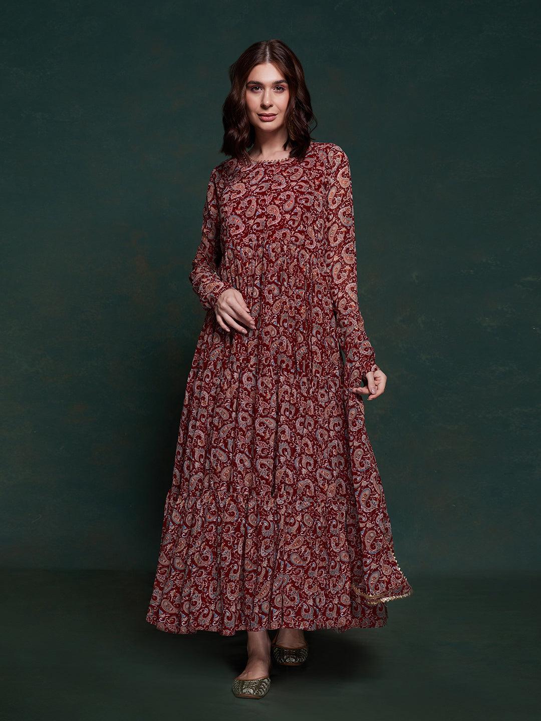 Maroon Georgette Gown Dress with Printed Design Cheap Sale Tumblr