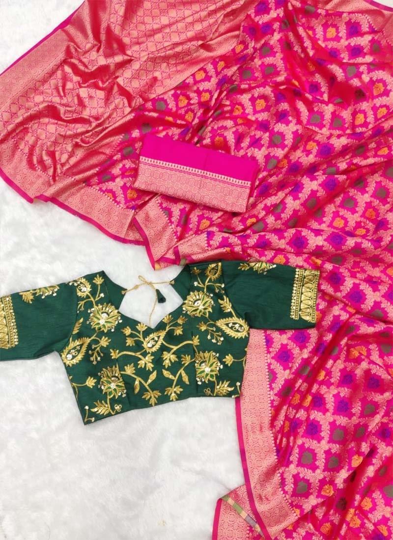 Glam Look Pink Color Banarasi Silk With Weaving Work Wedding Wear Saree Free Shipping For Sale