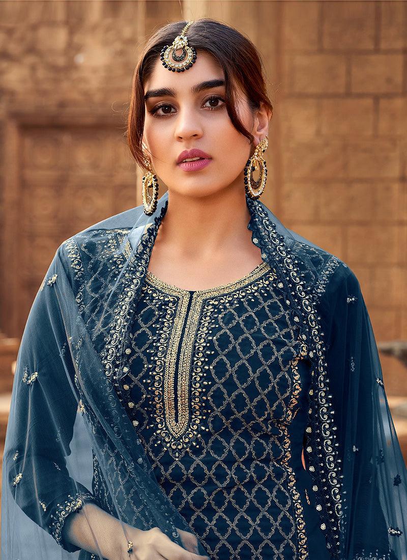 Navy Blue Color Georgette Base Palazzo Suit With Zari Work Ost Release Dates