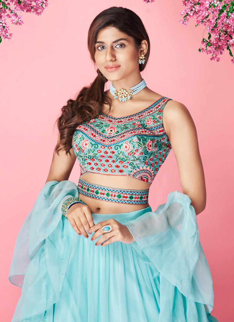 Elegant Sky Blue Color Ruffle Lehenga with Hand Work Blouse Outlet Fashionable