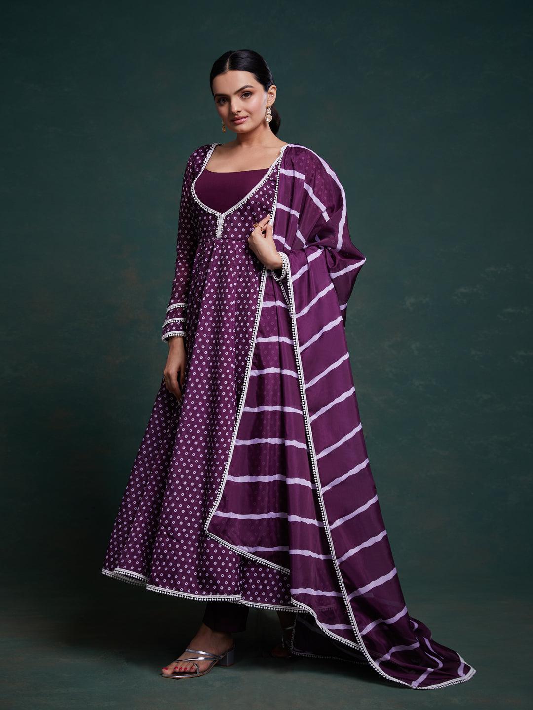 Purple bandhani pattern anarkali suit Cheap Sale Explore