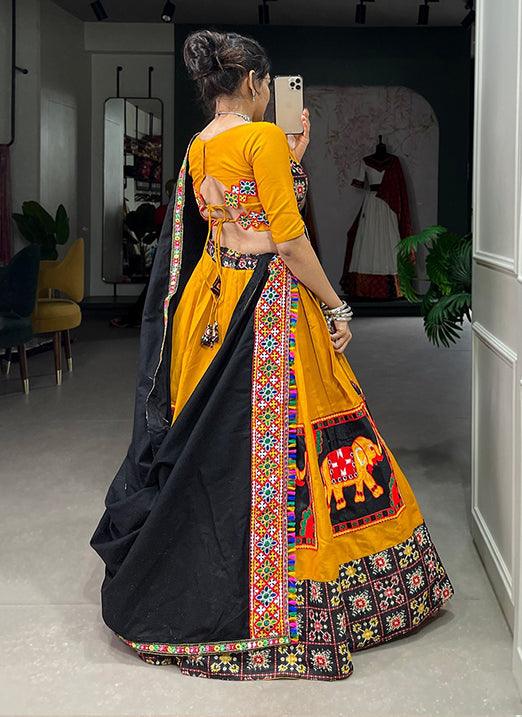 Mustard Yellow Navratri Lehenga Choli in Pure Cotton with Gamthi Patch Work Newest Cheap Pice