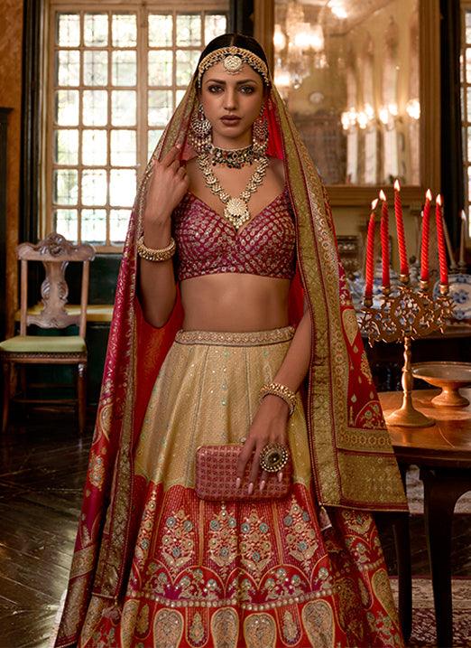 Cream With Orange Sparkle Work Smooth Rajwadi Silk Bridal Lehenga Choli Low Pice Fee Shipping Online