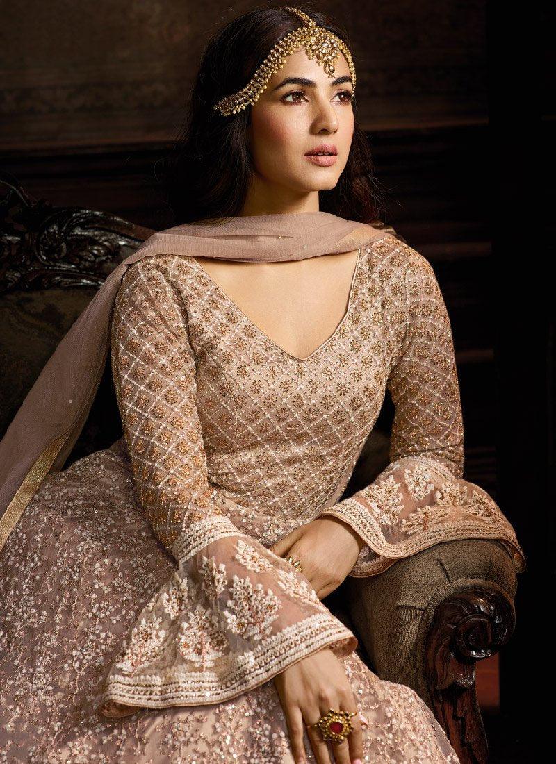 Alluring Peach Color Soft Net Base Embroidered Salwar Suit For Cheap Online