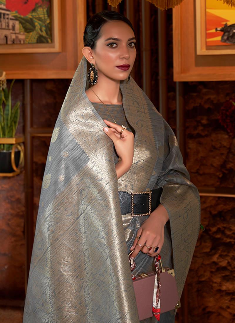 Grey Tussar Silk Saree With Weaving For Nice For Sale