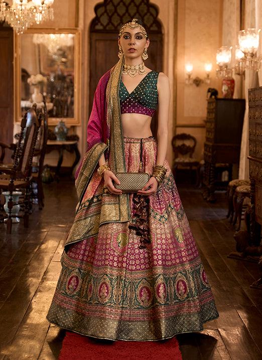 Peacock Blue & Pink Bridal Lehenga Choli with Sparkle Mirror Work in Rajwadi Silk Sale Shop Offer