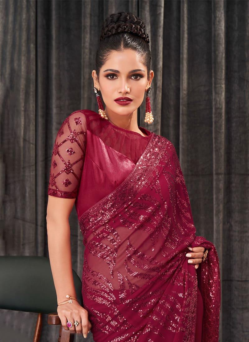 Heavy Sequins Work Magenta Color Saree With Matching Blouse Cheap Sale 100% Guaranteed