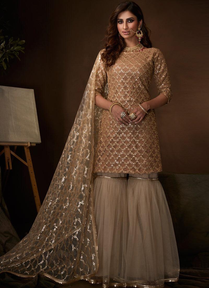 Magnificent Beige Soft Net Base Festive Wear Sequin Sharara Suit(unstitched) Clearance In China