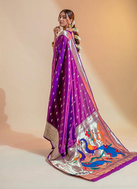 Purple Zari Weaving Pure Paithani Silk Saree Cost Cheap Pice