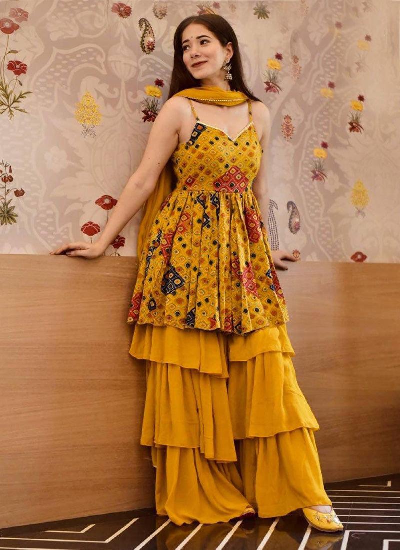 Yellow Color Georgette Material Fancy Looking Sharara Salwar Suit Fast Delivery Sale Online