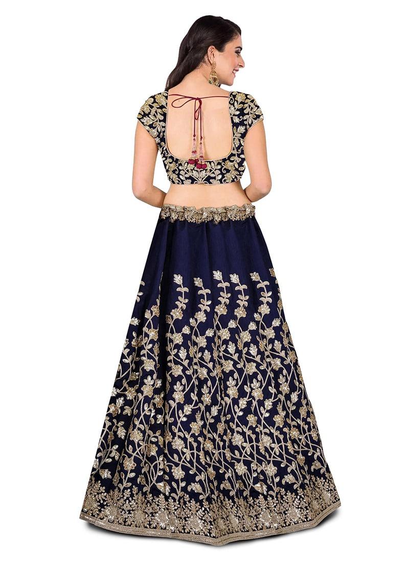 Navy Blue Banglori Silk Lehenga Choli With Applique Embroidery Work Cheap Sale How Much