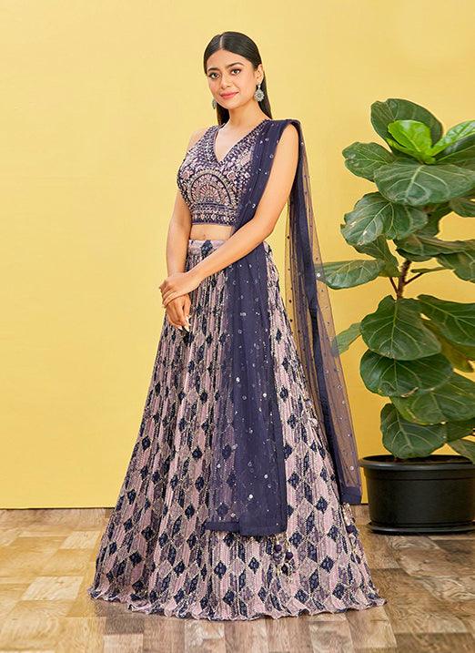 Blue Chinnon Lehenga Choli with Real Mirror & Zari Sequins Embroidery Cheap Factory Outlet