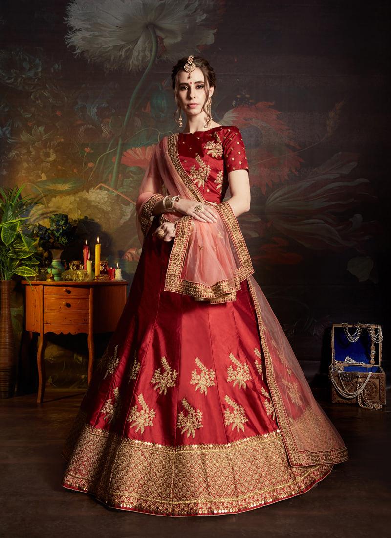 Remarkable Maroon Color Satin Base Designer Lehenga Choli Clearance Pices