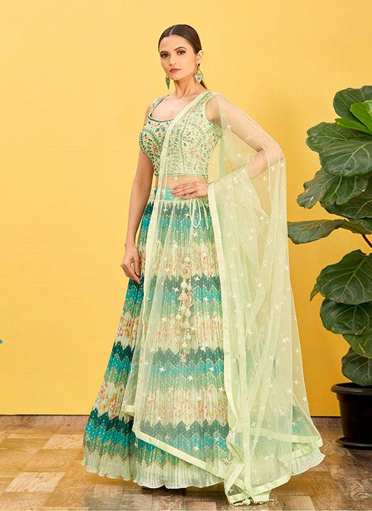 Cream With Green Chinnon Lehenga Choli with Real Mirror & Zari Sequins Embroidery Free Shipping Deals