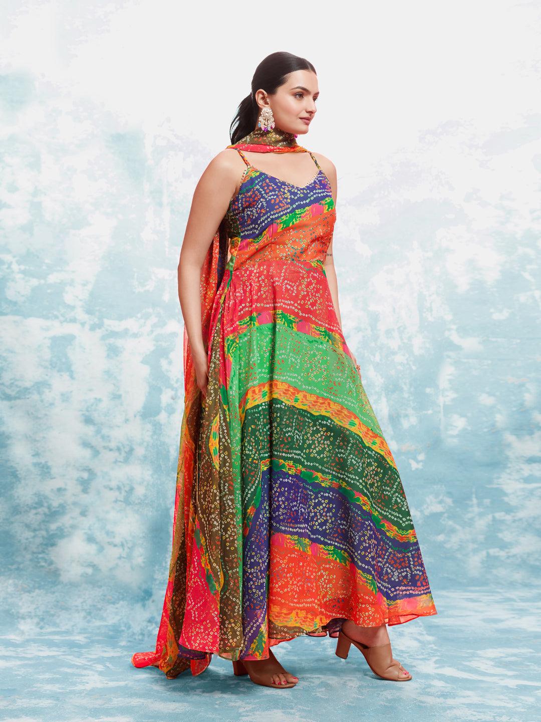 Multi color bandhani print gown with dupatta Buy Cheap Pay With Paypal