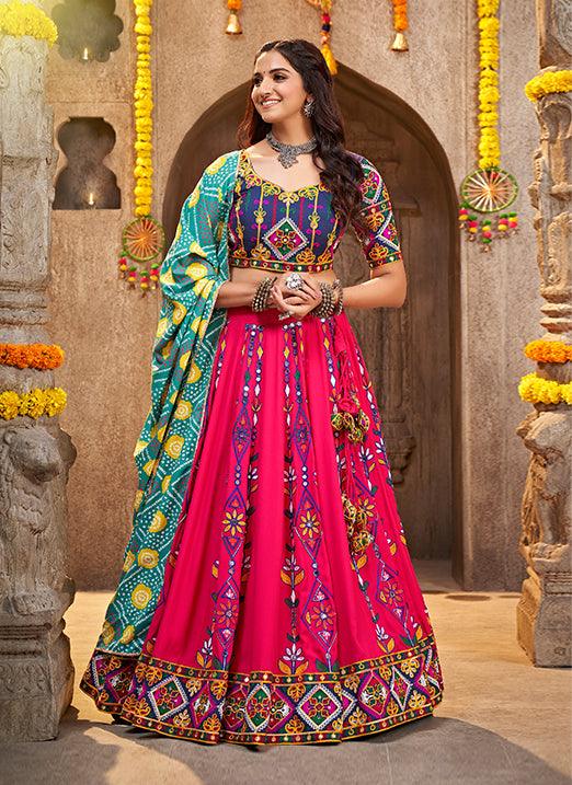 Navratri Special Deep Pink Viscose Rayon Thread Embroidered Lehenga Choli with Mirror Work Clearance Deals