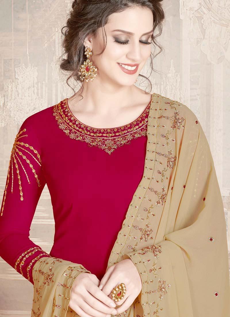 Georgette Material Maroon Color Full Sleeves Zari Work Churidar Salwar Suit Cheap With Credit Card