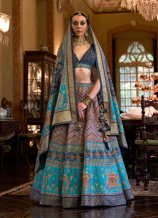 Affectionate Blue Bridal Lehenga Choli with Sparkle & Mirror Work in Smooth Rajwadi Silk Best For Sale