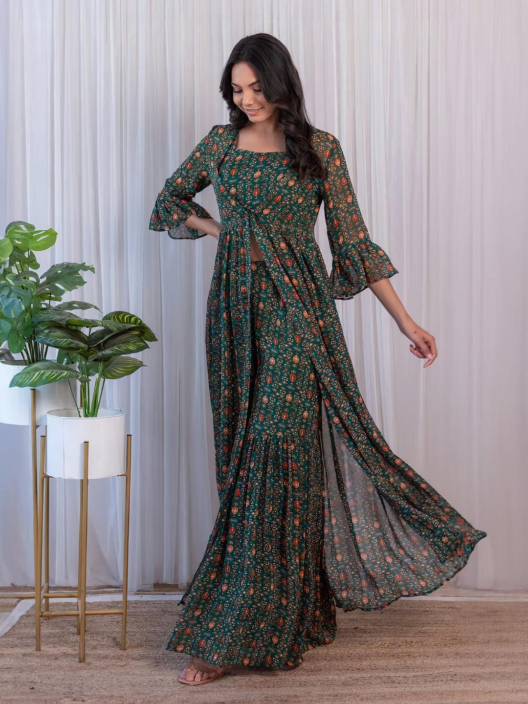 Bottle Green Printed Georgette Crop-Top & Sharara Set Cheap Sale View