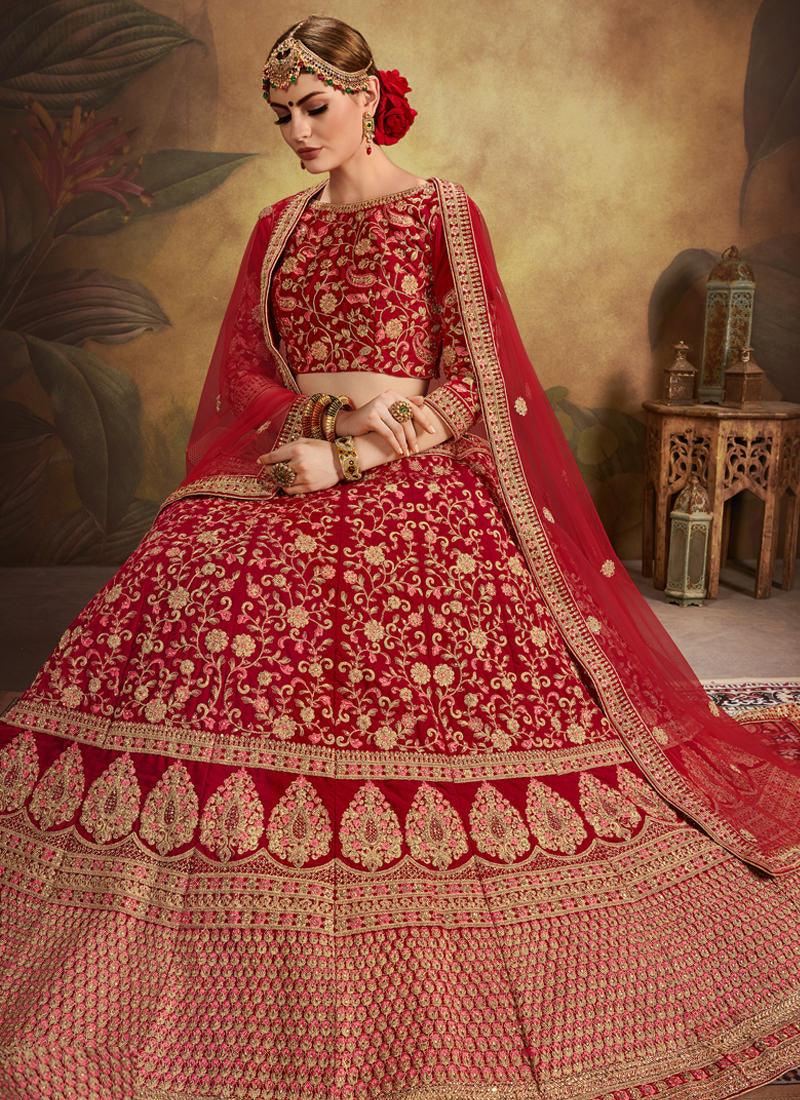 Bridal Wear Red Color Velvet Heavy Embroidered Designer Lehenga Choli Recommend For Sale