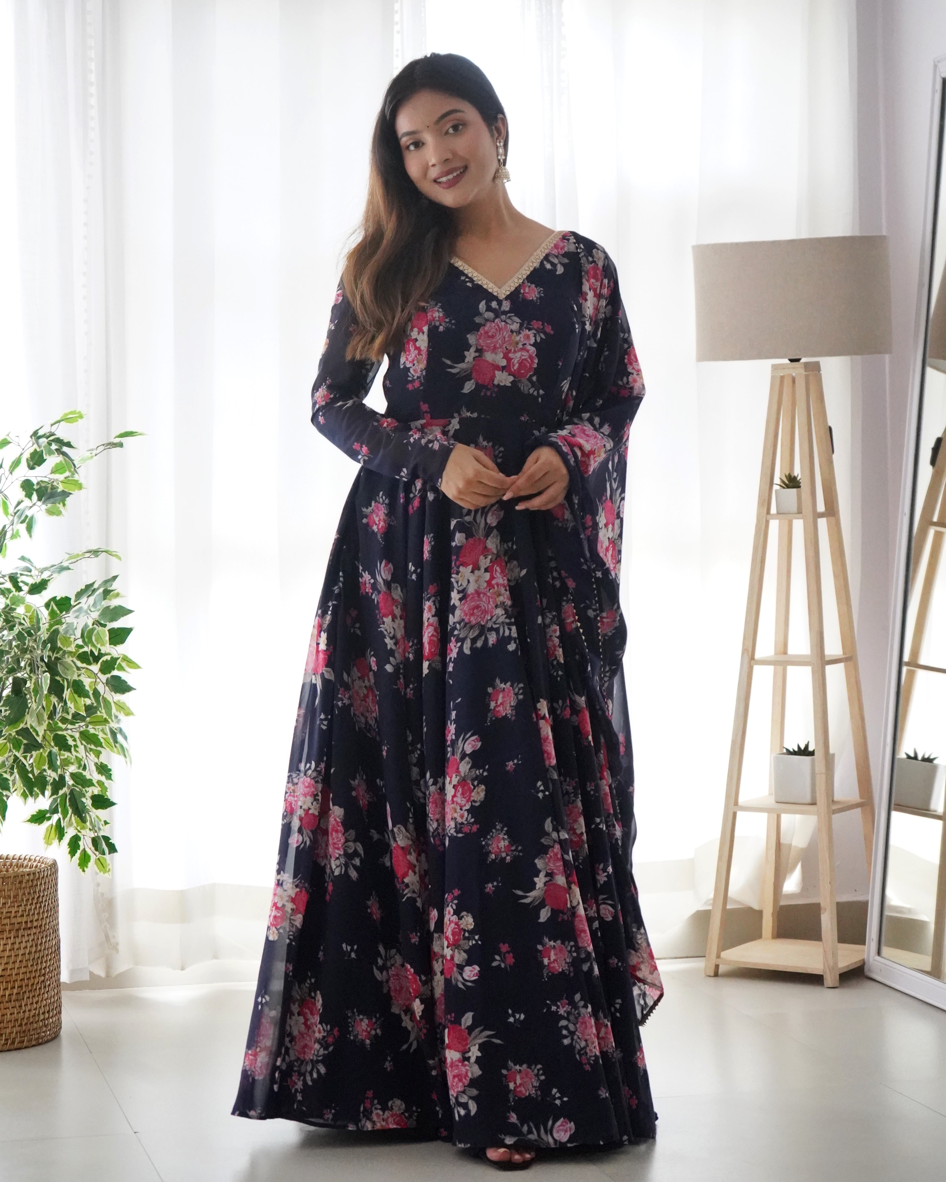 Navy Blue Faux Georgette Floral Digital Printed Anarkali With Dupatta Cheap Sale Tumblr