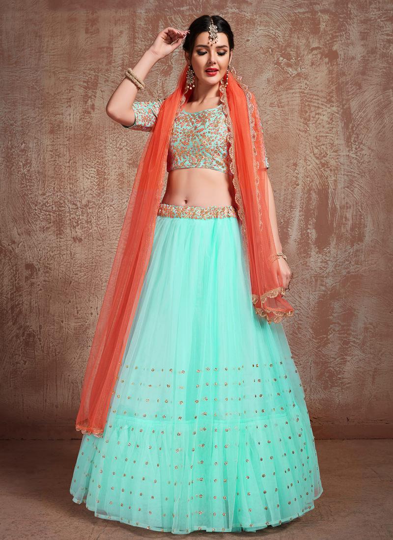 Delightful Sky Blue Color Soft Net Base Flared Lehenga Choli Outlet 2025 New