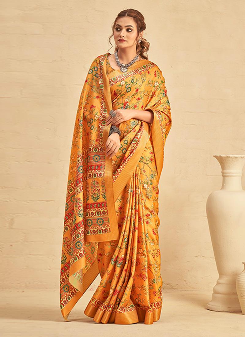 Silk With Digital Print Mustard Yellow Saree Sale Visa Payment