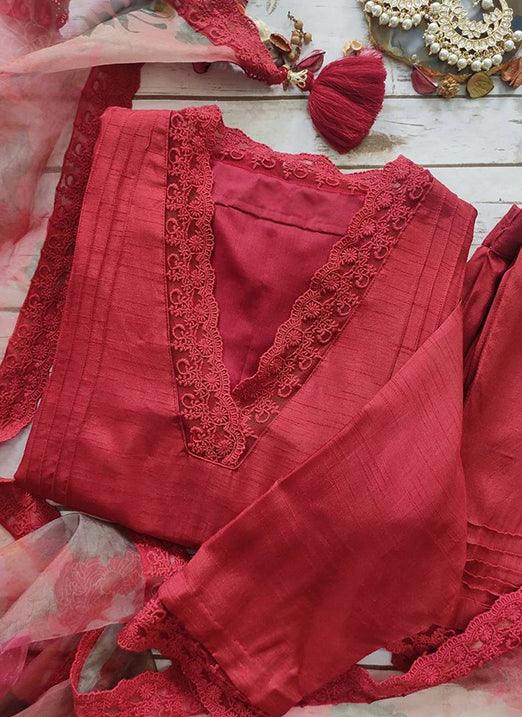 Red Cotton Silk Pant Style Suit with Printed Dupatta Low Cost For Sale