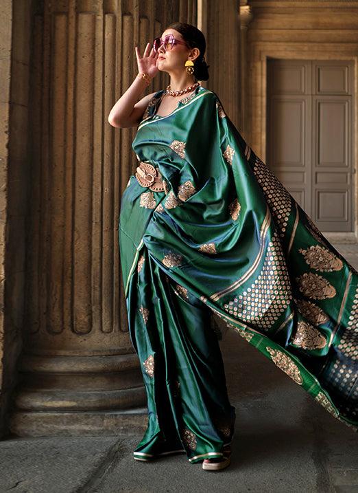 Green Pure Satin Handloom Weaved Saree from Paris Edition Sale Pick A Best